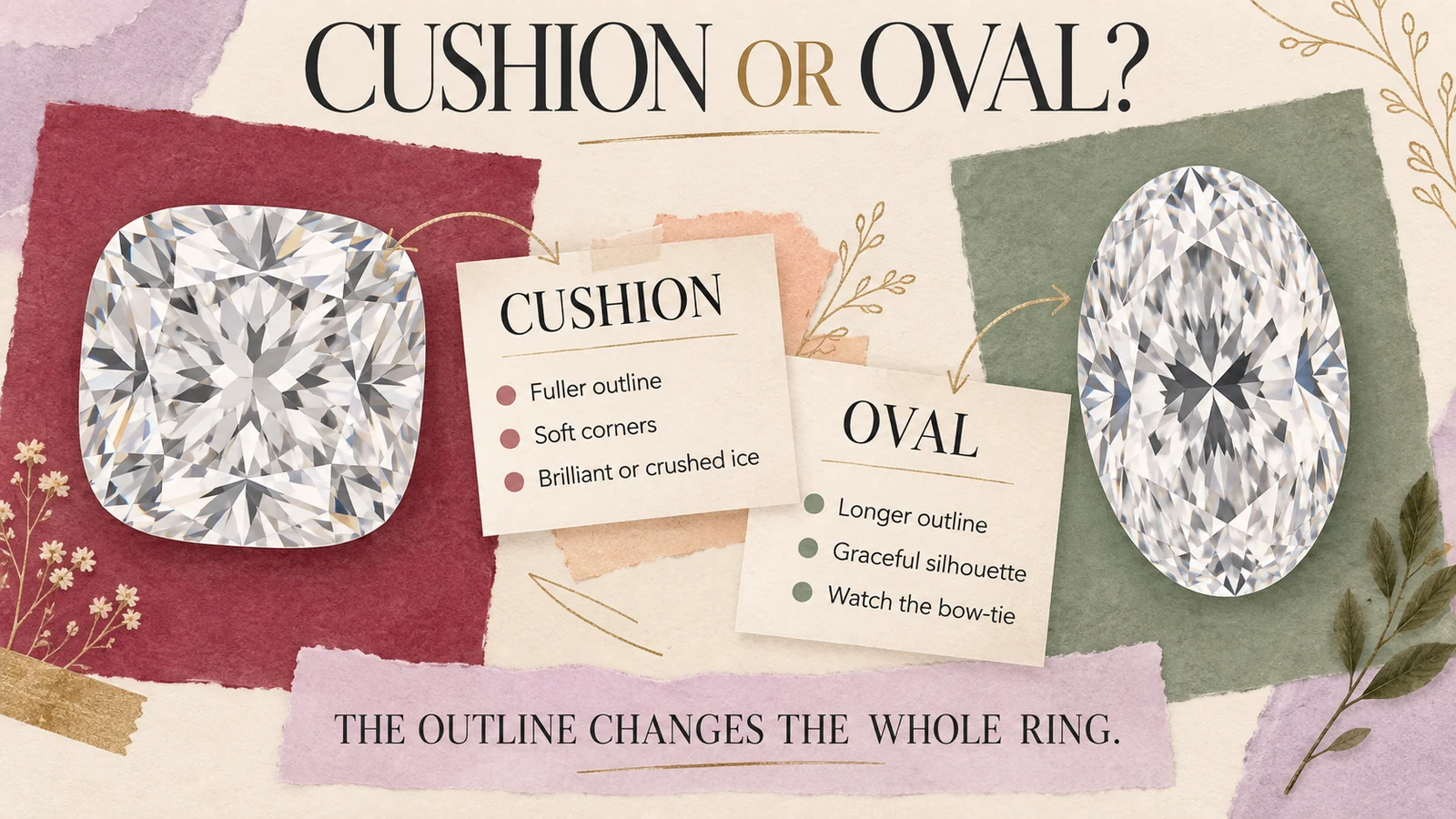 A cushion and an oval diamond compared by outline and faceting