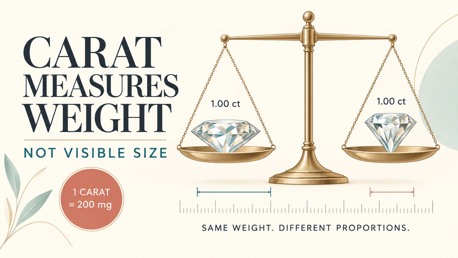 A balance holding two one-carat diamonds of different proportions, showing that carat measures weight rather than visible size