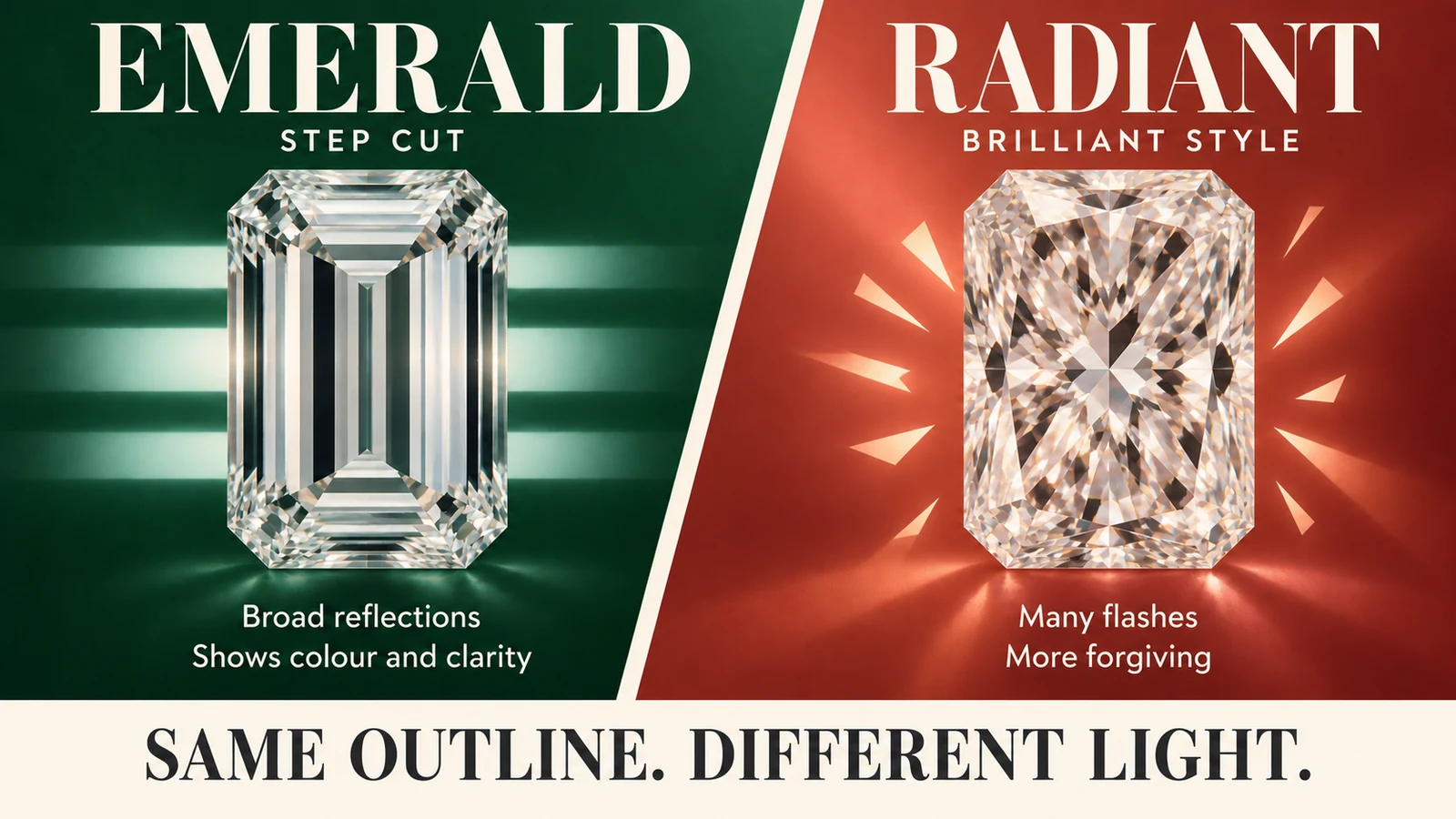 An emerald cut and a radiant cut compared, step-cut reflections against brilliant-style flashes