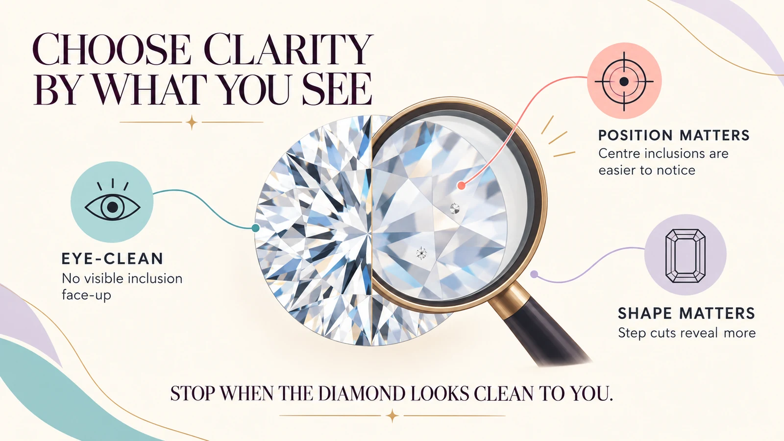 A magnified diamond showing eye-clean appearance, inclusion position and how shape affects clarity