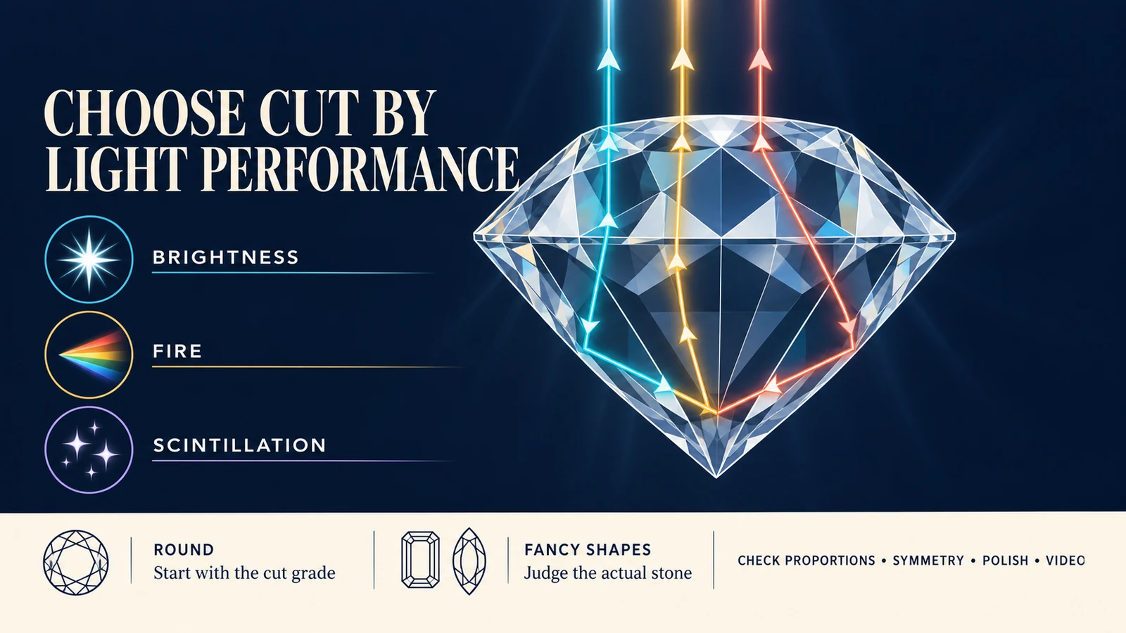 A diagram of light moving through a diamond, showing brightness, fire and scintillation