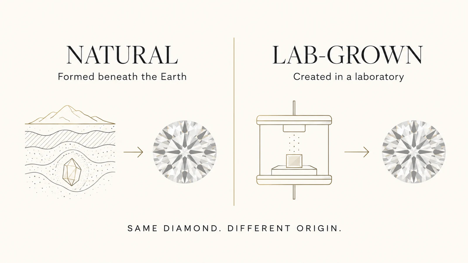 Two identical polished diamonds side by side, one natural and one laboratory-grown