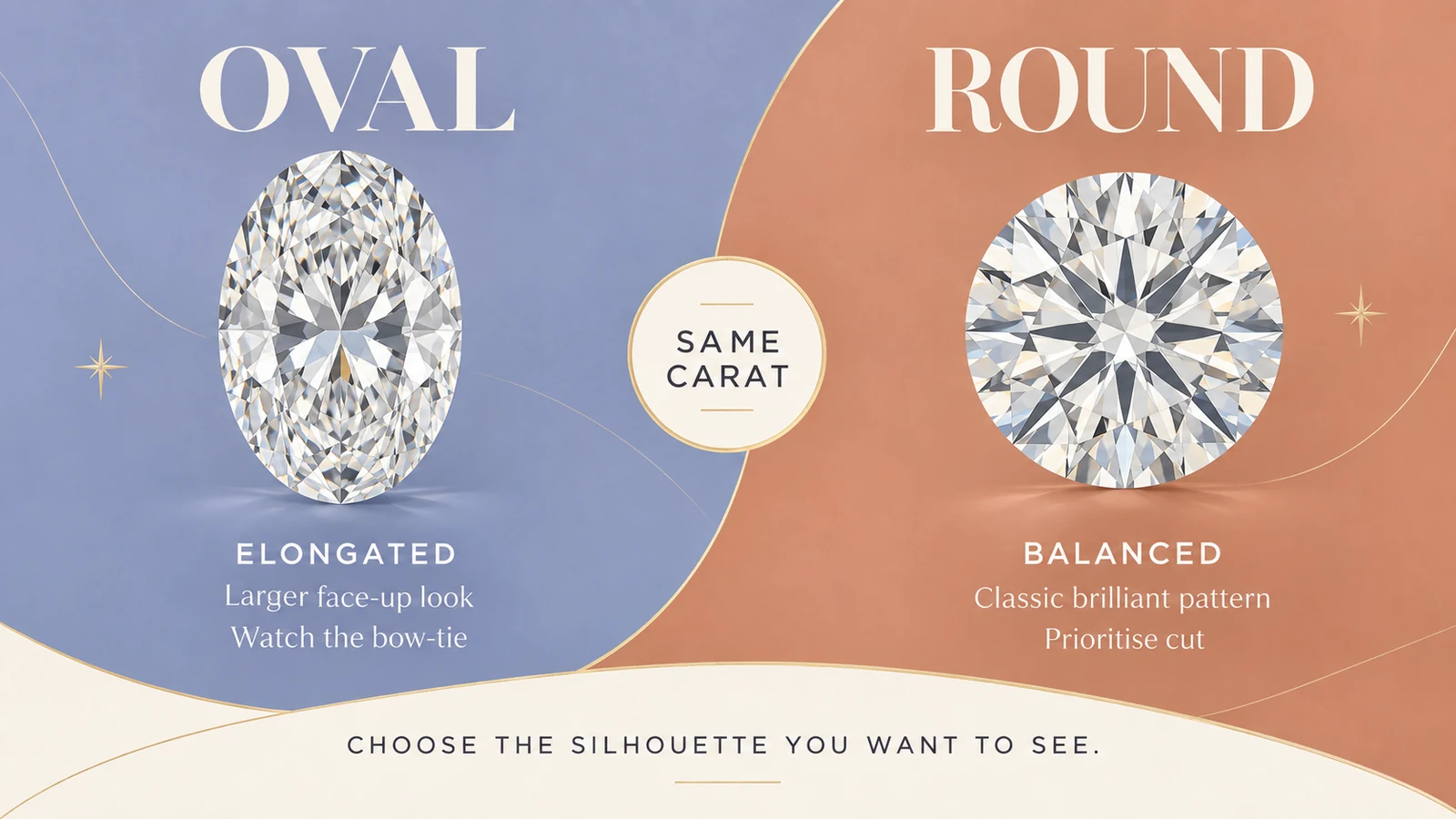 An oval and a round diamond of the same carat weight compared side by side